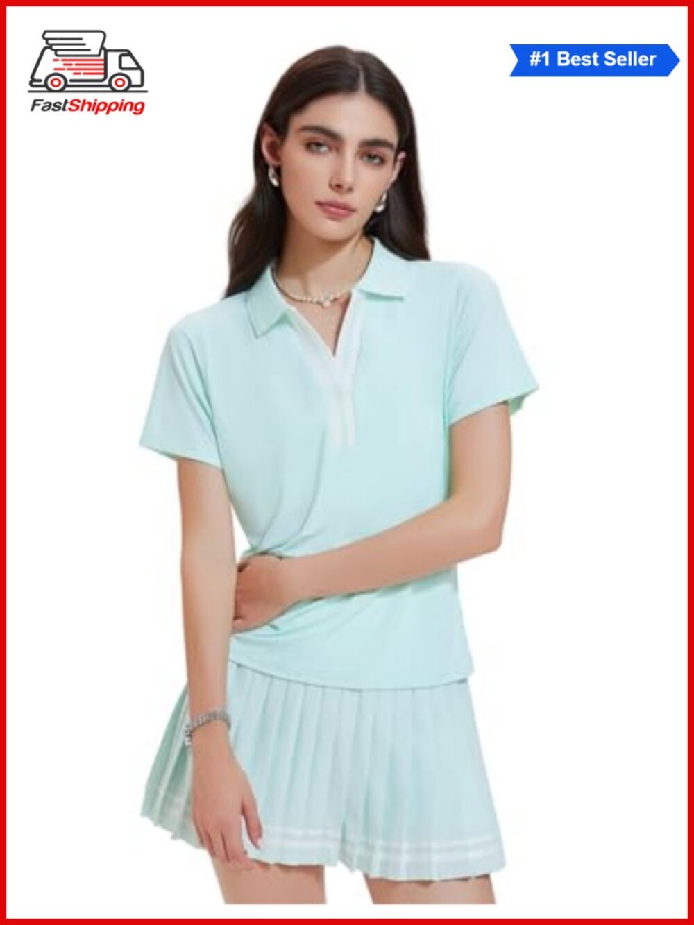 ✨ IUK 2 Piece Tennis Skirt Set Pleated Golf Skort Polo V-Neck Pickleball